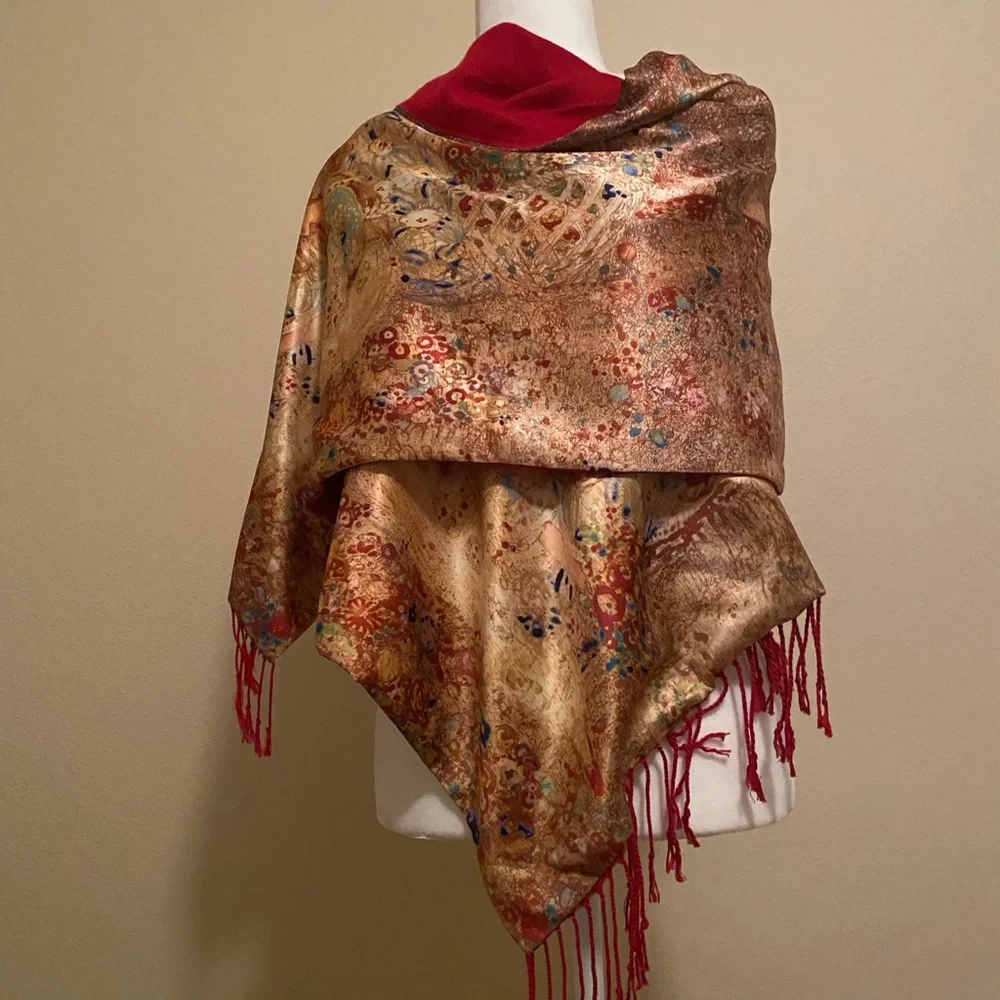 NWT 100% Silk Wrap Shawl Hijab Scarf Gold with Red Fringe